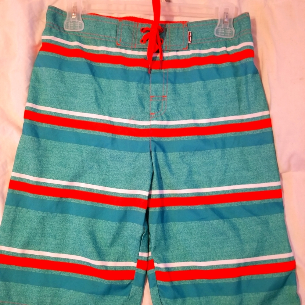 NWT Boys Size L Red Camel Green Stripe Swim Trunks